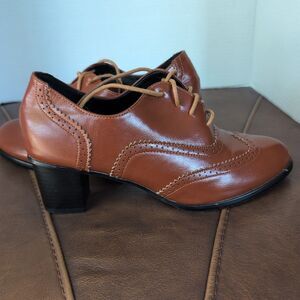 Odema Womens PU Leather Oxfords Wingtip Lace up Mid Heel Pumps shoes Brown 8.5